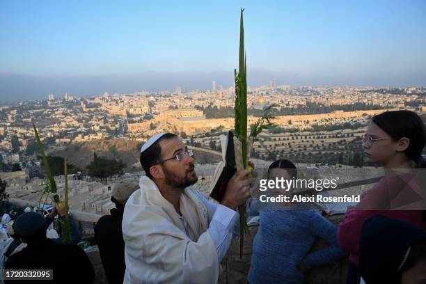 An Orthodox Jew holding the lulav and etrog, part of the four important symbols, recites the morning prayers during Hoshana Rabbah, the seventh and...