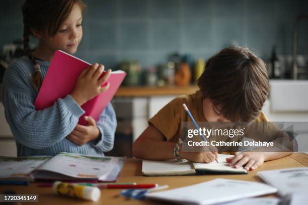 an 8-year-old girl helping her little brother with his homework - spelling stock photos et images de collection