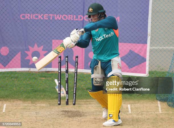 Steve Smith of Australia bats during an Australian training session during the ICC Men's Cricket World Cup India 2023 at at M. A. Chidambaram Stadium...