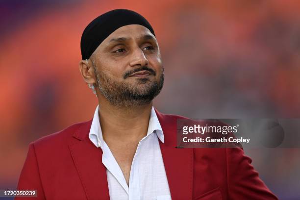 Former Indian cricketer and Star Sports commentator Harbhajan Singh during the ICC Men's Cricket World Cup India 2023 between England and New Zealand...