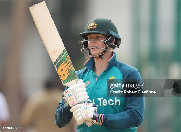 Steve Smith of Australia prepares to ba during an Australian training session during the ICC Men's Cricket World Cup India 2023 at at M. A....