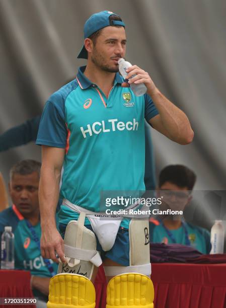 Marcus Stoinis of Australia looks on during an Australian training session during the ICC Men's Cricket World Cup India 2023 at at M. A. Chidambaram...