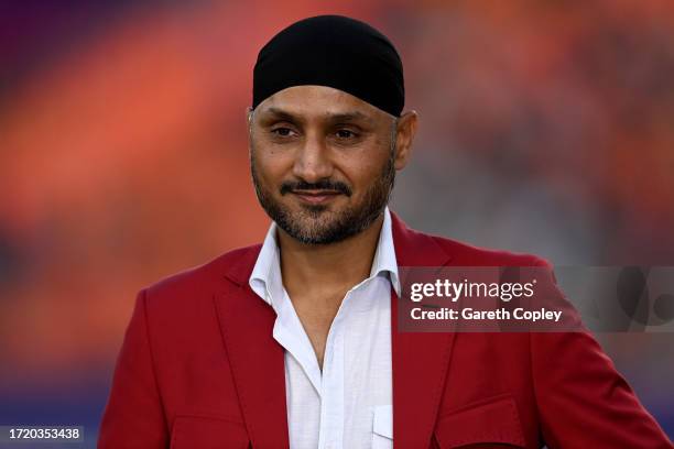 Former Indian cricketer and Star Sports commentator Harbhajan Singh during the ICC Men's Cricket World Cup India 2023 between England and New Zealand...