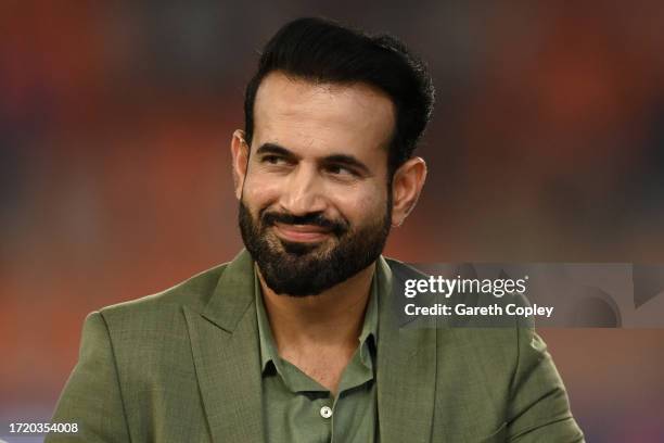 Former Indian cricketer and Star Sports commentator Irfan Pathan during the ICC Men's Cricket World Cup India 2023 between England and New Zealand at...