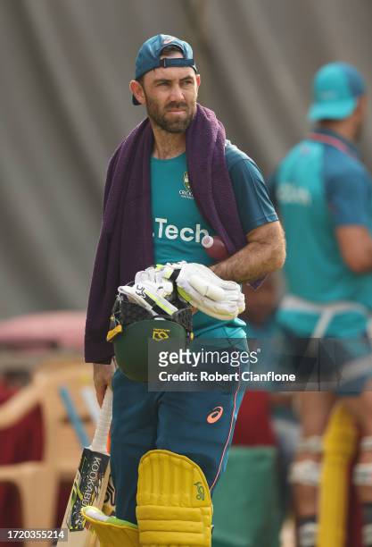 Glenn Maxwell of Australia looks on during an Australian training session during the ICC Men's Cricket World Cup India 2023 at at M. A. Chidambaram...