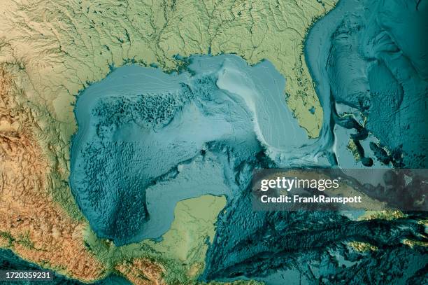 carte topographique du golfe du mexique bathymétrie 3d rendu couleur - louisiana landscape photos et images de collection