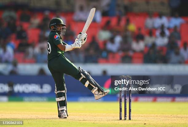 Saud Shakeel of Pakistan plays a shot during the ICC Men's Cricket World Cup India 2023 between Pakistan and Netherlands at Rajiv Gandhi...