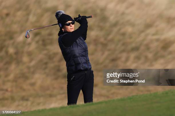 Actress, Catherine Zeta-Jones plays her second shot on the 10th hole during Day Two of the Alfred Dunhill Links Championship at Kingsbarns Golf Links...