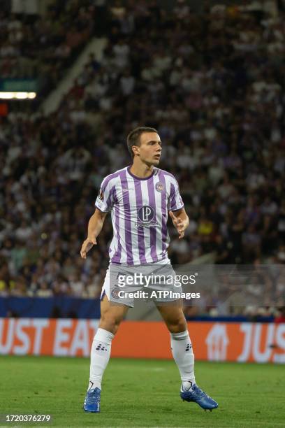 Denis Genreau of Toulouse looks on during the Europa League Group E match between Toulouse FC and Lask at Stadium de Toulouse on October 05, 2023 in...