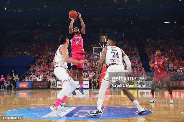 Corey Webster of the Wildcats puts a shot up during the round two NBL match between Perth Wildcats and Adelaide 36ers at RAC Arena, on October 06 in...