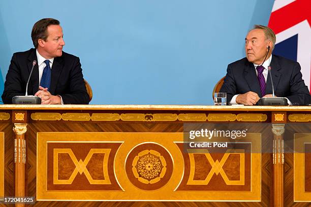 British Prime Minister David Cameron holds a joint press conference with President Nursultan Nazarbayev after signing a strategic partnership...