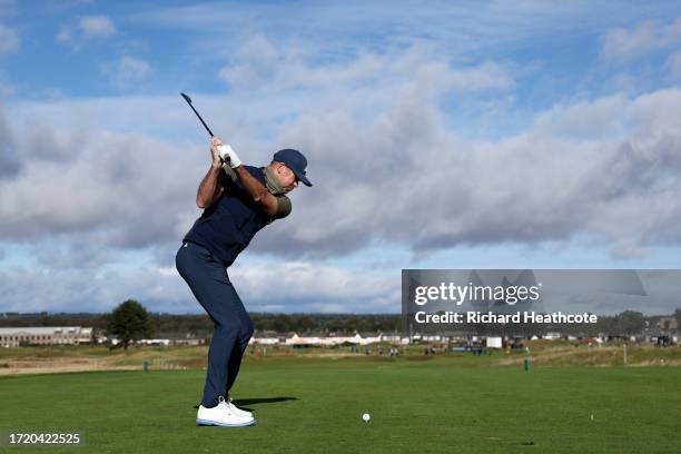 Cricketer, James Anderson tees off on the third hole during Day Two of the Alfred Dunhill Links Championship at Carnoustie Golf Links on October 06,...