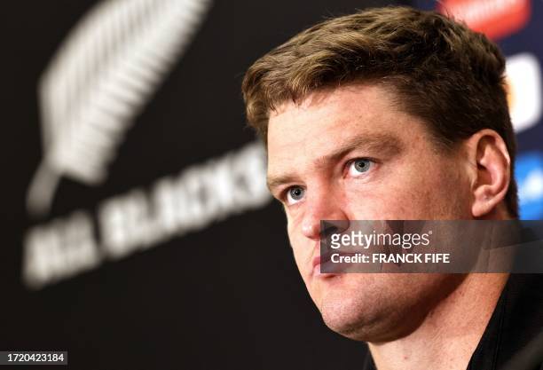 New Zealand's lock Scott Barrett looks on during a press conference at the hotel in Ferrieres en Brie near Paris, on October 12 two days before the...