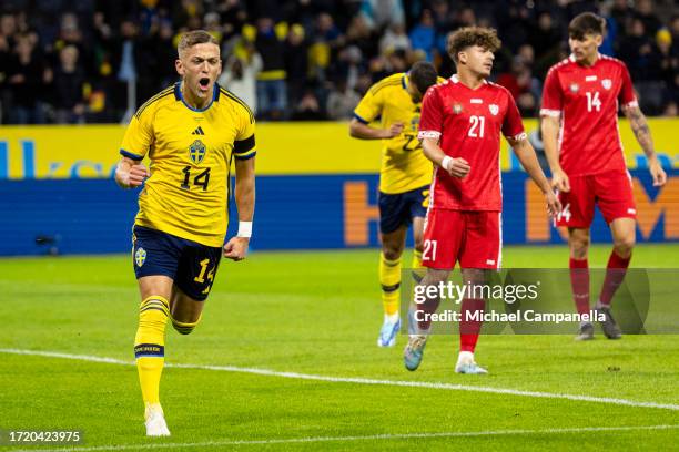 Sweden's Jesper Karlsson celebrates after scoring the 1-0 opening goal during the international friendly match between Sweden and Moldova at Friends...
