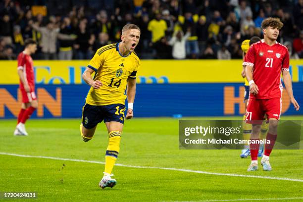 Sweden's Jesper Karlsson celebrates after scoring the 1-0 opening goal during the international friendly match between Sweden and Moldova at Friends...