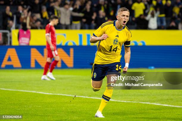 Sweden's Jesper Karlsson celebrates after scoring the 1-0 opening goal during the international friendly match between Sweden and Moldova at Friends...