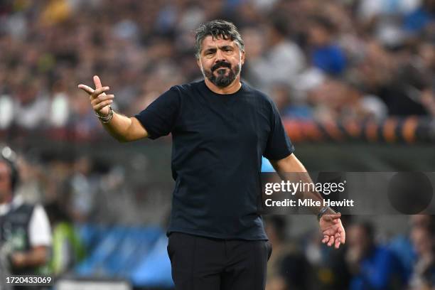 Marseille coach Gennaro Gattuso gestures during the UEFA Europa League 2023/24 Group B match between Olympique de Marseille and Brighton & Hove...