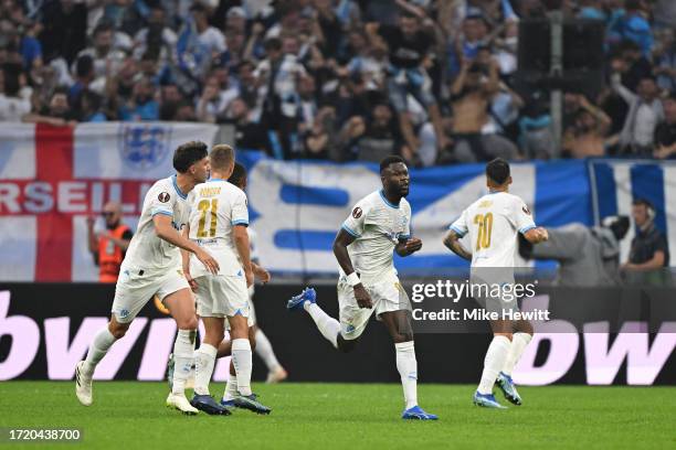 Chancel Mbemba of Marseille celebrates after opening the scoring during the UEFA Europa League 2023/24 Group B match between Olympique de Marseille...