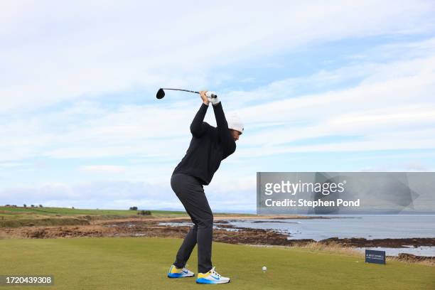 Tommy Fleetwood of England tees off on the third hole during Day Two of the Alfred Dunhill Links Championship at Kingsbarns Golf Links on October 06,...