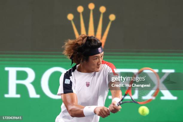 Zhang Zhizhen of China competes against Tomas Martin Etcheverry of Argentina on Day 5 of 2023 Shanghai Rolex Masters at Qi Zhong Tennis Centre on...