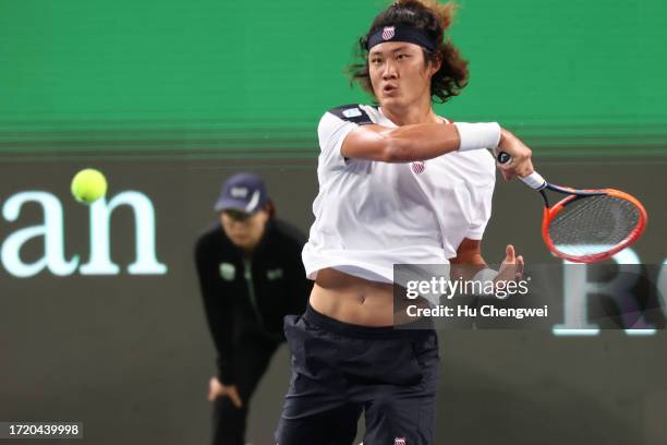 Zhang Zhizhen of China competes against Tomas Martin Etcheverry of Argentina on Day 5 of 2023 Shanghai Rolex Masters at Qi Zhong Tennis Centre on...