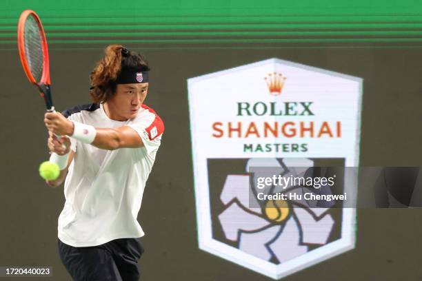 Zhang Zhizhen of China competes against Tomas Martin Etcheverry of Argentina on Day 5 of 2023 Shanghai Rolex Masters at Qi Zhong Tennis Centre on...