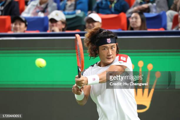 Zhang Zhizhen of China competes against Tomas Martin Etcheverry of Argentina on Day 5 of 2023 Shanghai Rolex Masters at Qi Zhong Tennis Centre on...