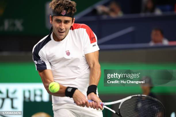 Tomas Martin Etcheverry of Argentina competes against Zhang Zhizhen of China on Day 5 of 2023 Shanghai Rolex Masters at Qi Zhong Tennis Centre on...