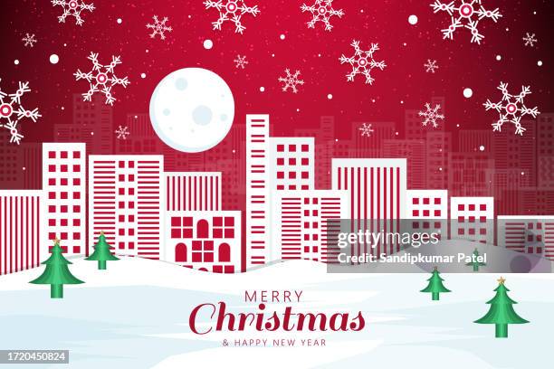 weihnachten neujahr papierschnitt stadt kiefer karte - baum schneiden stock-grafiken, -clipart, -cartoons und -symbole