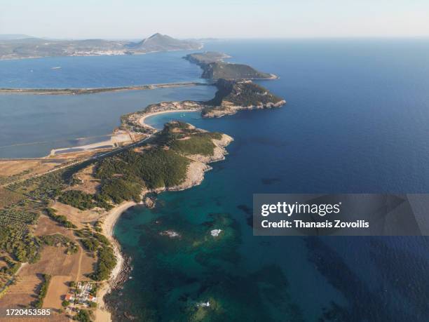 aerial drone video from iconic sandy beach of voidokilia - peloponeso imagens e fotografias de stock