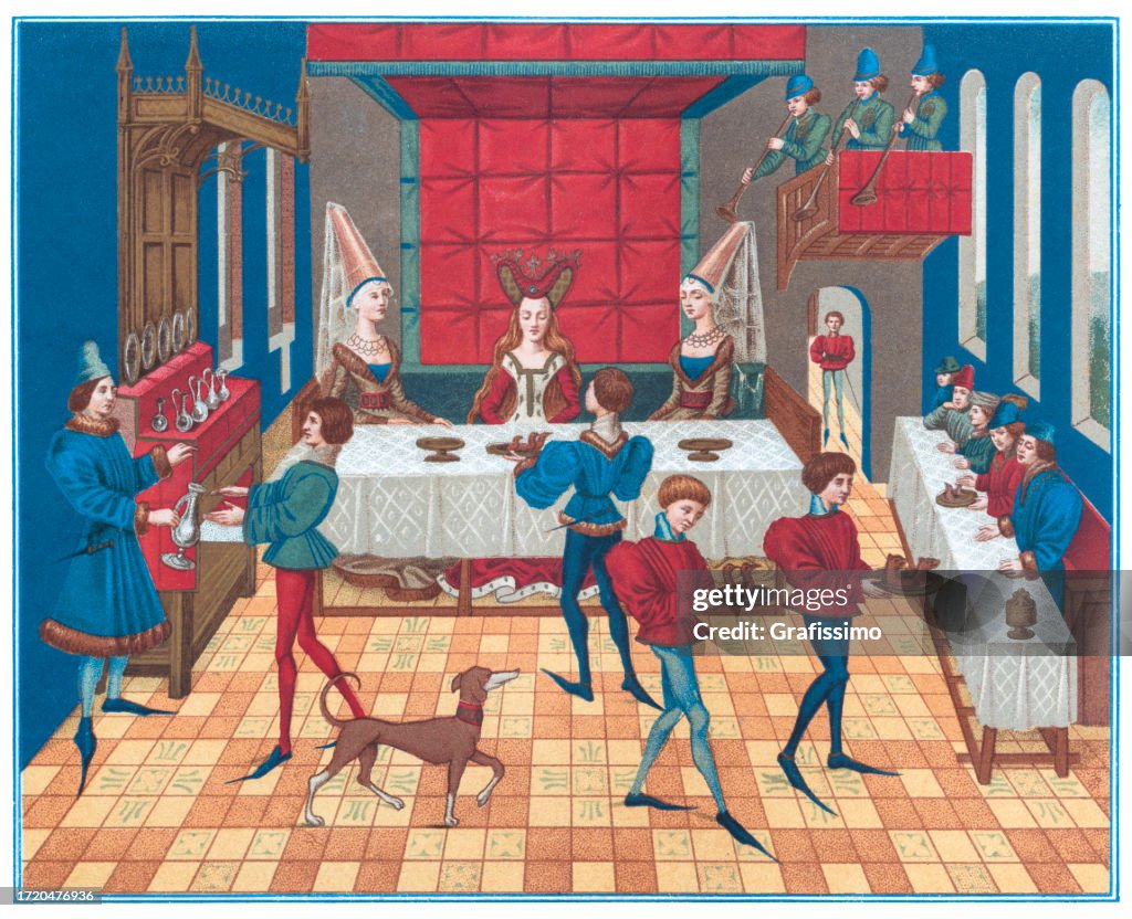 Medieval big dinner in castle 15th century illustration