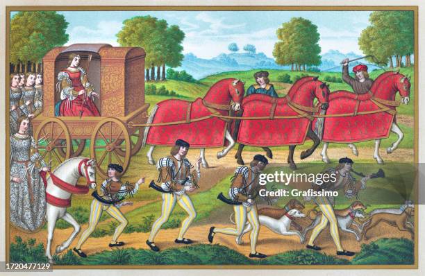 noble woman hunting in england 15th century illustration - medieval-illuminated-letter stock illustrations