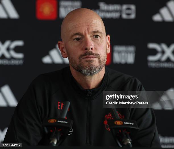 Manager Erik ten Hag of Manchester United speaks during a press conference at Carrington Training Ground on October 06, 2023 in Manchester, England.