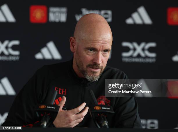 Manager Erik ten Hag of Manchester United speaks during a press conference at Carrington Training Ground on October 06, 2023 in Manchester, England.