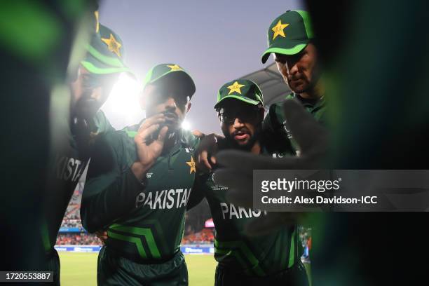 Babar Azam of Pakistan speaks to his team in a huddle during the ICC Men's Cricket World Cup India 2023 between Pakistan and Netherlands at Rajiv...