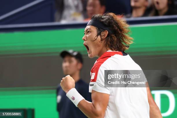 Zhang Zhizhen of China celebrates during the match against Tomas Martin Etcheverry of Argentina on Day 5 of 2023 Shanghai Rolex Masters at Qi Zhong...