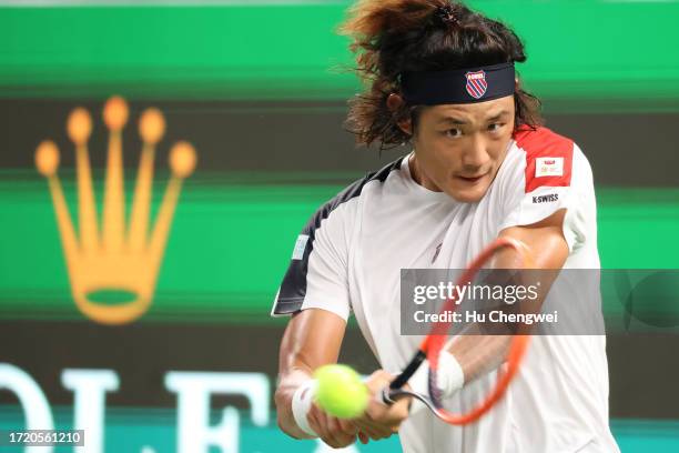 Zhang Zhizhen of China competes against Tomas Martin Etcheverry of Argentina on Day 5 of 2023 Shanghai Rolex Masters at Qi Zhong Tennis Centre on...