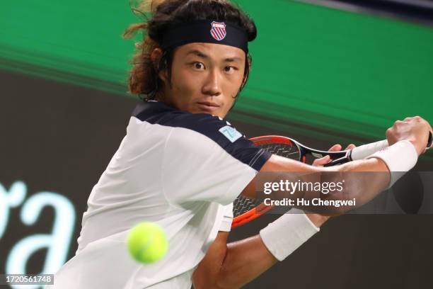 Zhang Zhizhen of China competes against Tomas Martin Etcheverry of Argentina on Day 5 of 2023 Shanghai Rolex Masters at Qi Zhong Tennis Centre on...