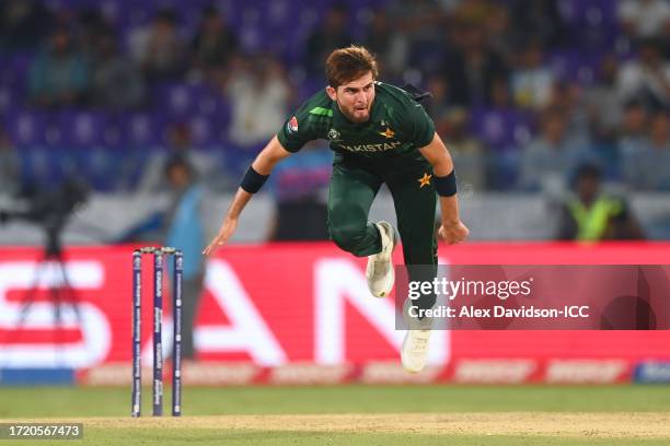 Shaheen Shah Afridi of Pakistan bowls during the ICC Men's Cricket World Cup India 2023 between Pakistan and Netherlands at Rajiv Gandhi...