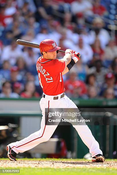 Steven Lombardozzi of the Washington Nationals takes a swing during a baseball game against the Colorado Rockies on June 23, 2013 at Nationals Park...