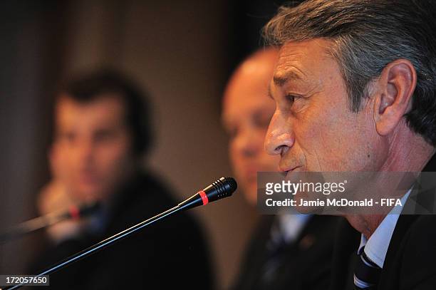 Muhsin Ertugral member of the FIFA Technical Study Group talks to the media during a FIFA press conference at the Ritz Carlton on July 1, 2013 in...
