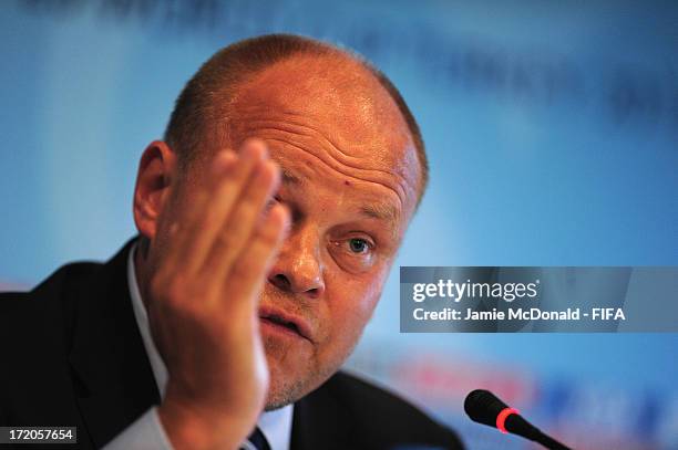 Mixu Paatelainen member of the FIFA Technical Study Group talks to the media during a FIFA press conference at the Ritz Carlton on July 1, 2013 in...