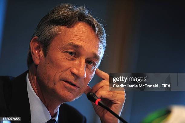 Muhsin Ertugral member of the FIFA Technical Study Group talks to the media during a FIFA press conference at the Ritz Carlton on July 1, 2013 in...