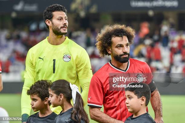 Mohammed Salah of Egypt line up ahead of the friendly match between Egypt and Zambia at Hazza bin Zayed Stadium in Abu Dhabi, United Arab Emirates on...