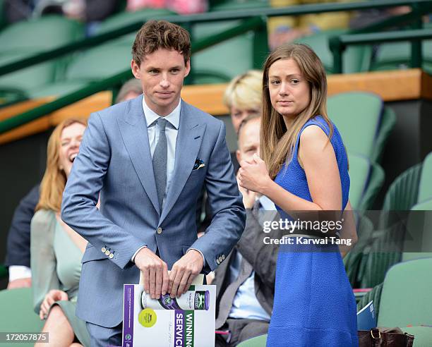Eddie Redmayne and Hannah Bagshawe attend on Day 6 of the Wimbledon Lawn Tennis Championships at the All England Lawn Tennis and Croquet Club at...