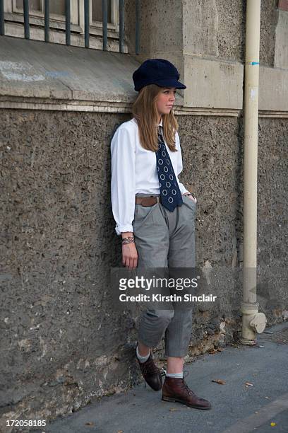 Kate Villevoye wears a Jupe by Jackie hat and tie on day 5 of Paris Collections: Men on June 30, 2013 in Paris, France.