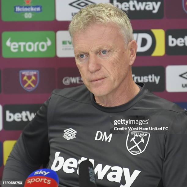 David Moyes of West Ham United during his Press conference before training at Rush Green on October 06, 2023 in Romford, England.