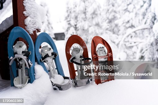 Snowshoes for hiking in the snowy winter scenery