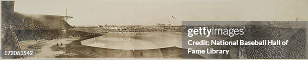 Panorama of a World Series game between the New York Giants and the Philadelphia Athletics in October, 1911 at Shibe Park in Philadelphia,...