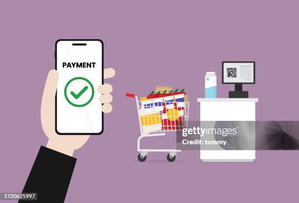 stockillustraties, clipart, cartoons en iconen met customer uses contactless payment at  a supermarket - caissière